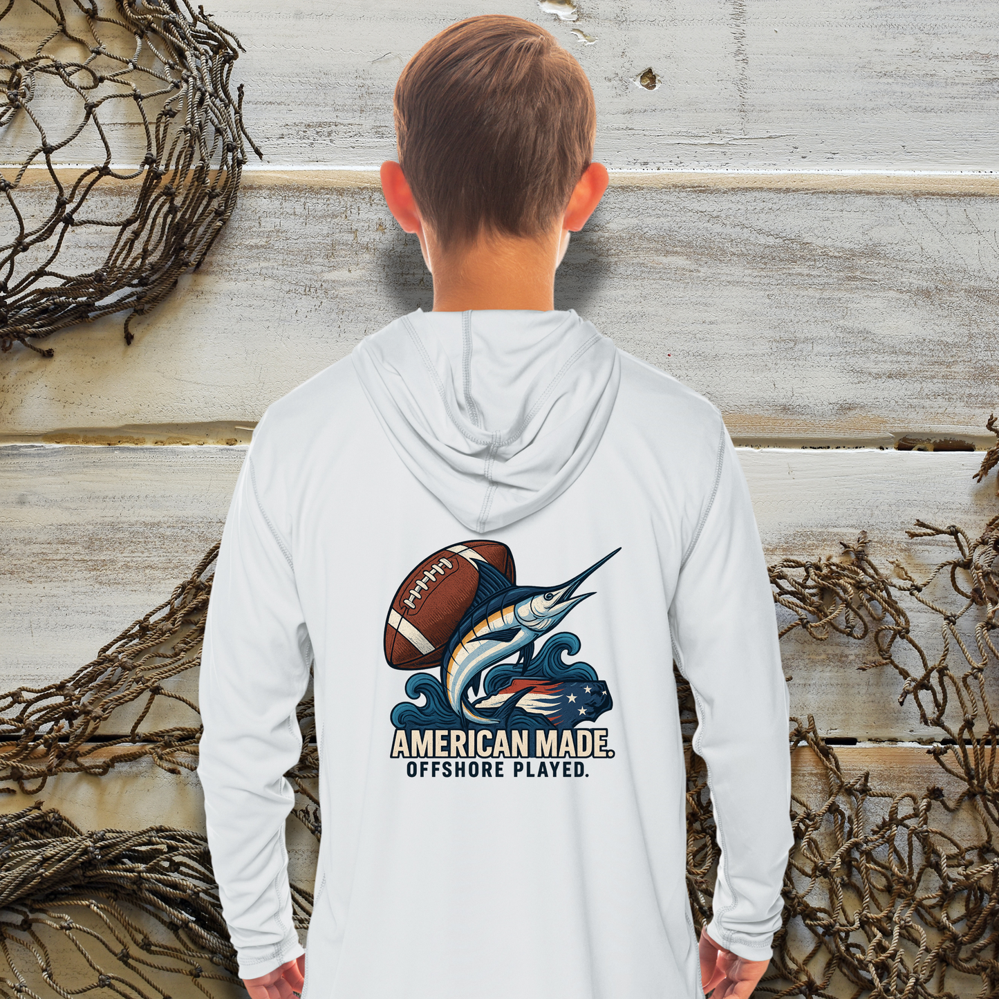 Kids Offshore Played UPF 50 Hooded Performance Shirt