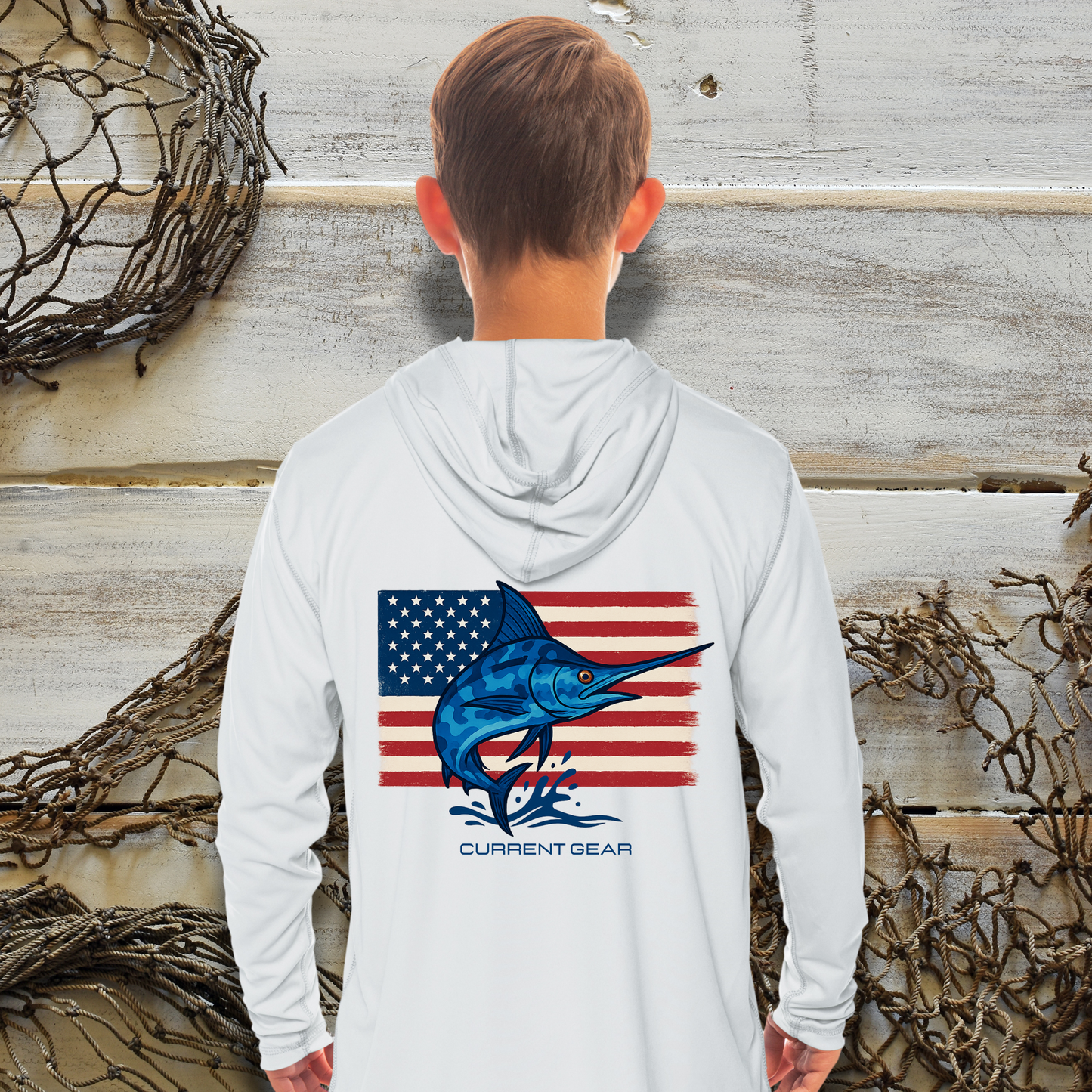 Kids Camo Blue Marlin UPF 50 Hooded Performance Shirt