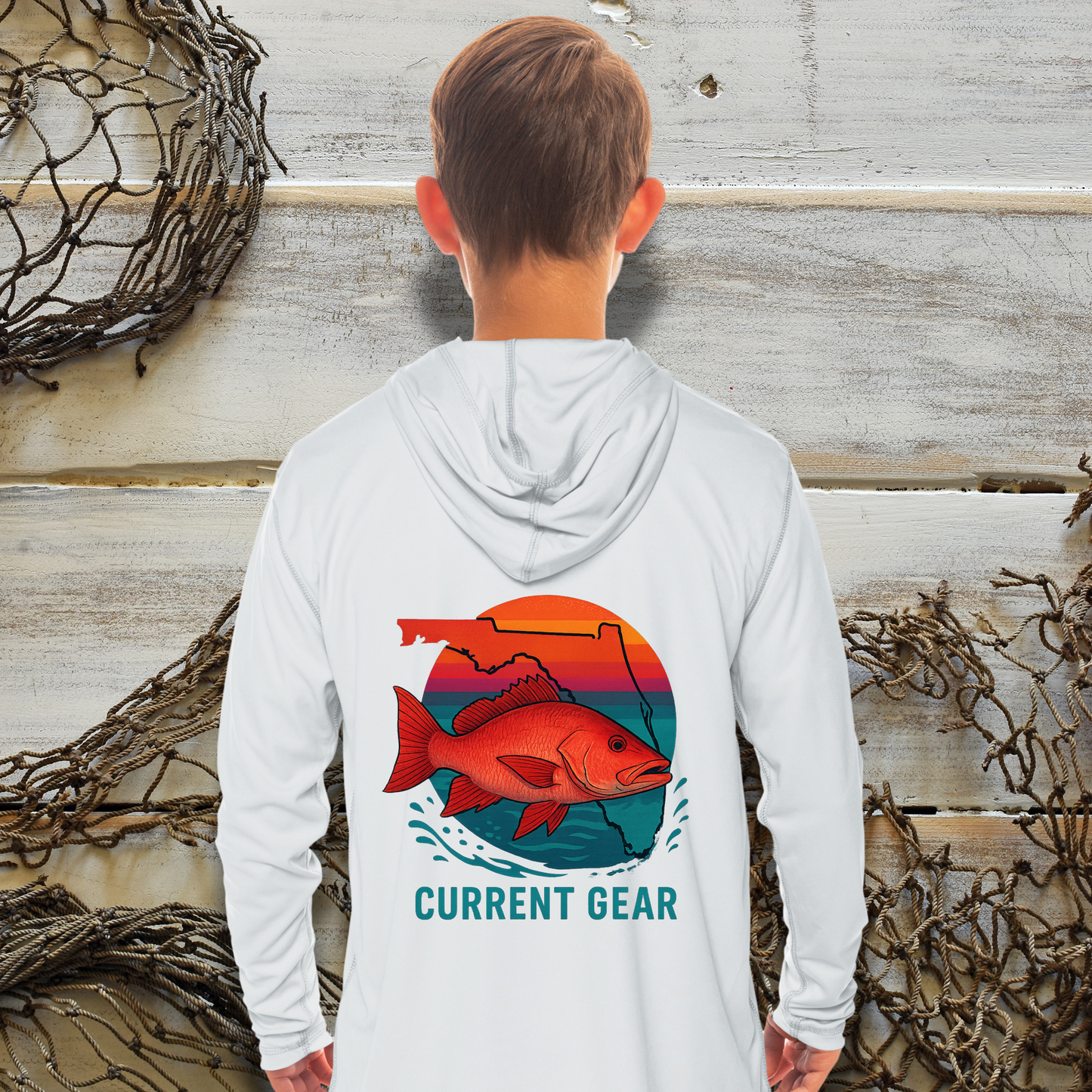 Kids Retro Snapper UPF 50 Hooded Performance Shirt