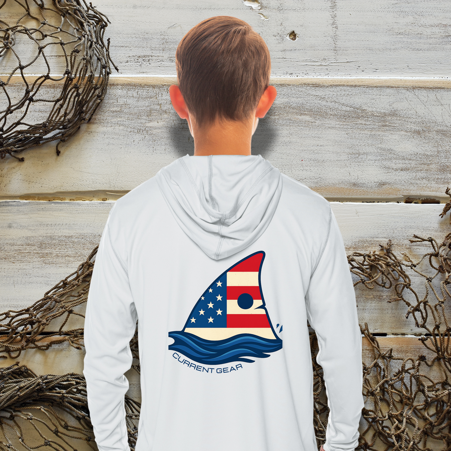 Kids Patriotic Red Drum UPF50 Hooded Performance Shirt