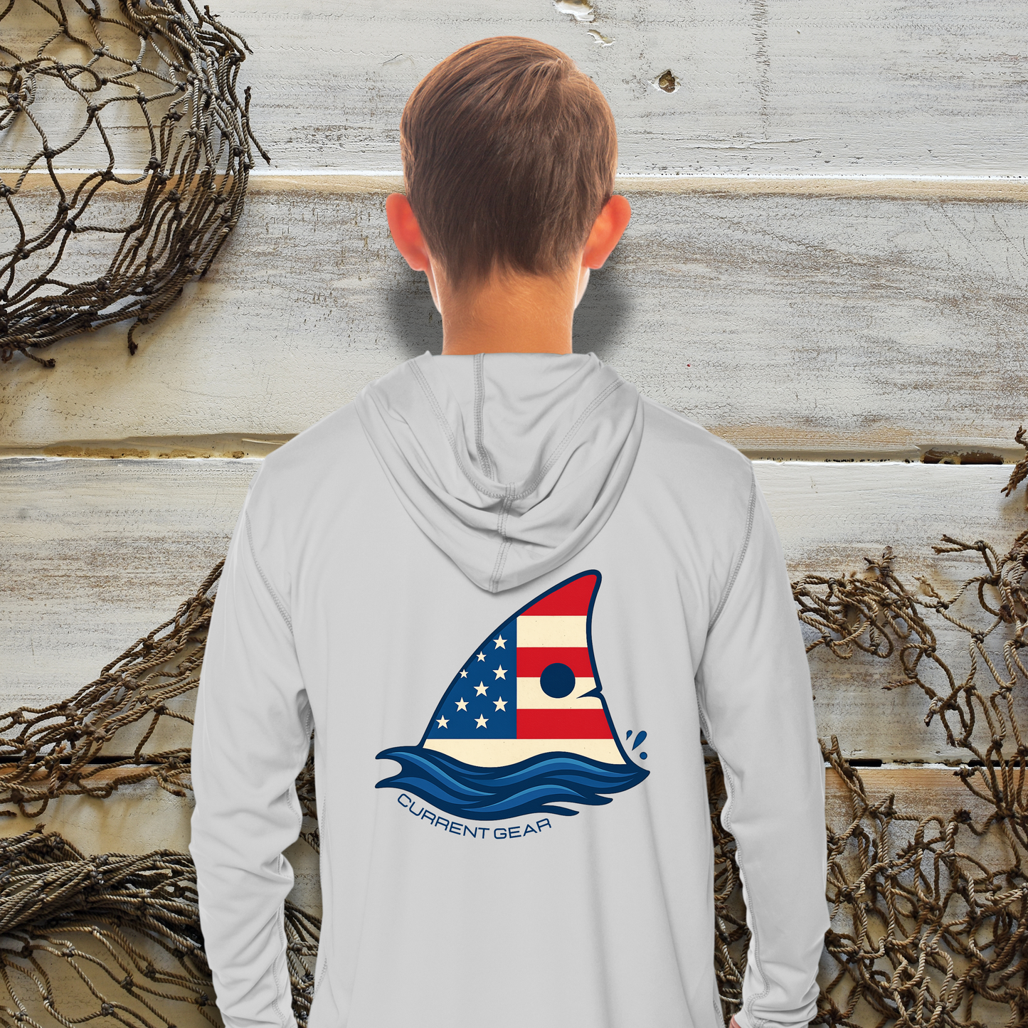 Kids Patriotic Red Drum UPF50 Hooded Performance Shirt